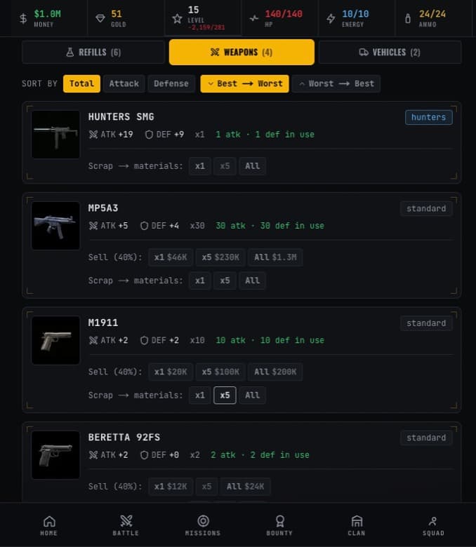 The loadout screen, showing owned weapons with attack and defence values and scrap options