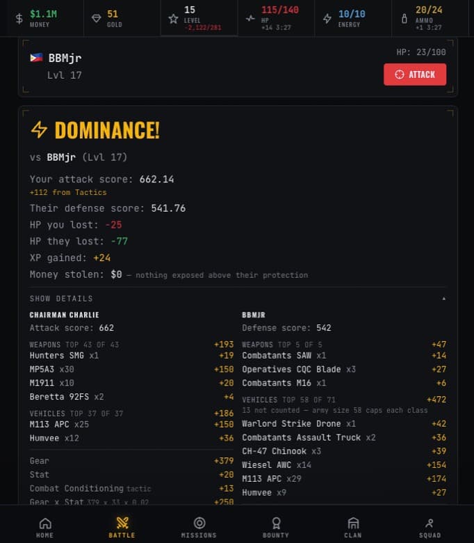 A won battle showing the full damage breakdown for both sides, weapon by weapon