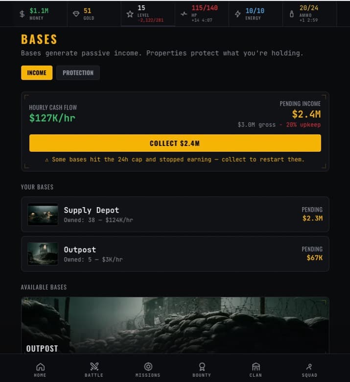 The bases screen showing hourly cash flow and a pending income payout ready to collect