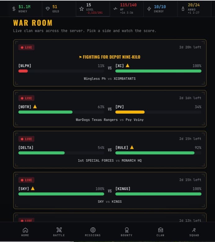 The War Room showing several live clan wars with scores and countdown timers